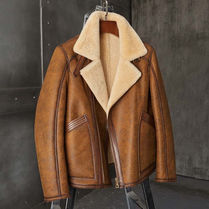 New Mens B3 Shearling Coat Brown Leather Jacket Flight Short Fur Overcoat Fashion Motorcycle Parkas