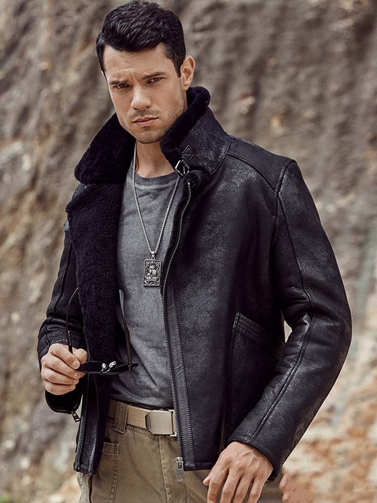 New Mens B3 Shearling Coat Black Leather Jacket Short Fur Overcoat Motorcycle Flight Parkas