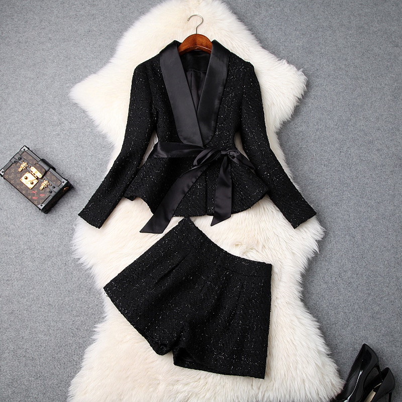 Women girls sexy tweed jacket blazer suit + shorts two piece set sexy outfits new 2019 spring autumn