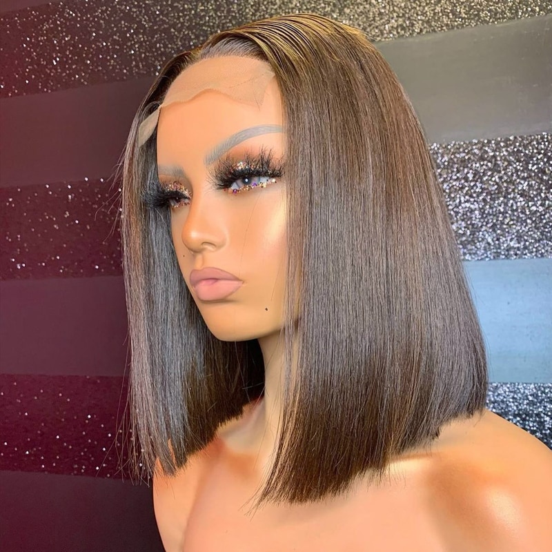 Jet Black Jet Black Blunt Cut Short Bob For Black Women With Middle Part Wig Lace Front Synthetic Wigs Cosply Wig Daily Wig