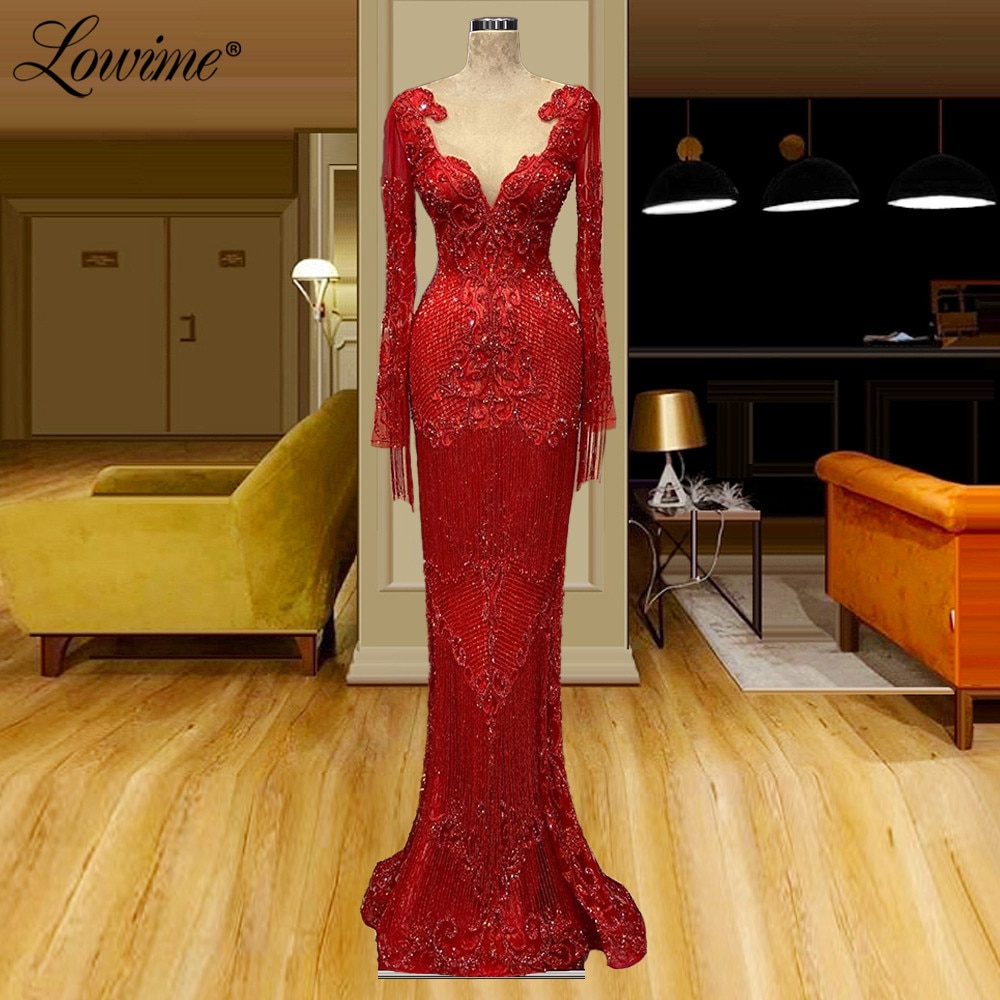 Couture Beading Tassel Formal Long Sleeves Evening Dresses Dubai Red Evening Wear Celebrity Dresses 2020 Saudi Arabia Prom Party