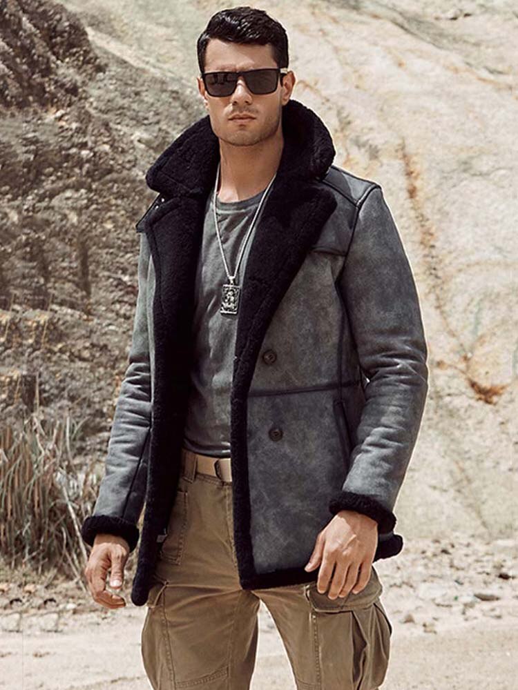 2020 New Mens Sheepskin Shearling Coat Long Fur Outwear Grey Leather Overcoat B3 Hunting Jacket