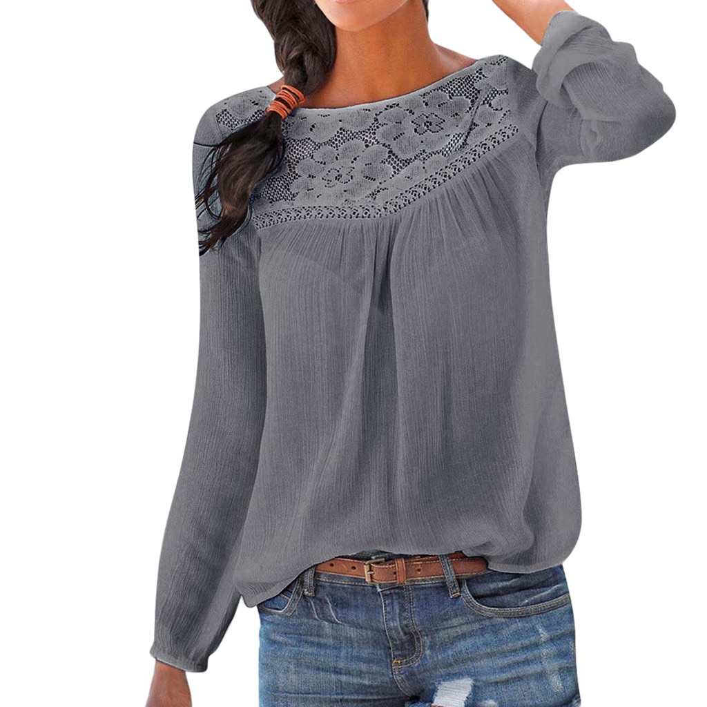 Lace Patchwork Shirt Women Casual Long sleeve Tops Blouse Solid Color Large size Ladies Loose Tops Shirts Female Blusas