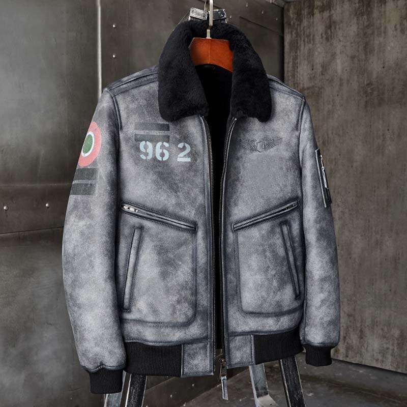 2020 New Shearling Coat Mens B6 Bomber Jacket Grey Leather Overcoat Natural Sheepskin Fur Outerwear