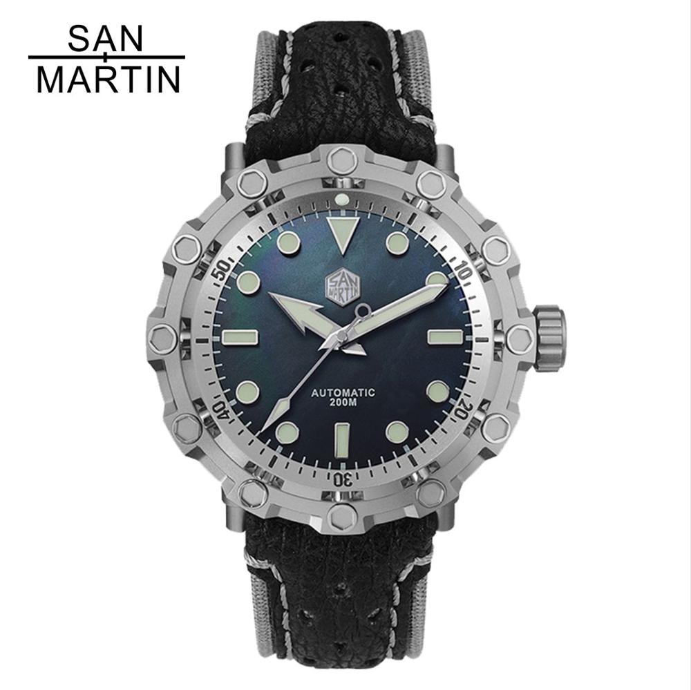 San Martin SW200 Mov't Titanium Original Design Limited Men Watch Sapphire Glass 20Bar MOP Dial Shark Leather Strap Wrist watch