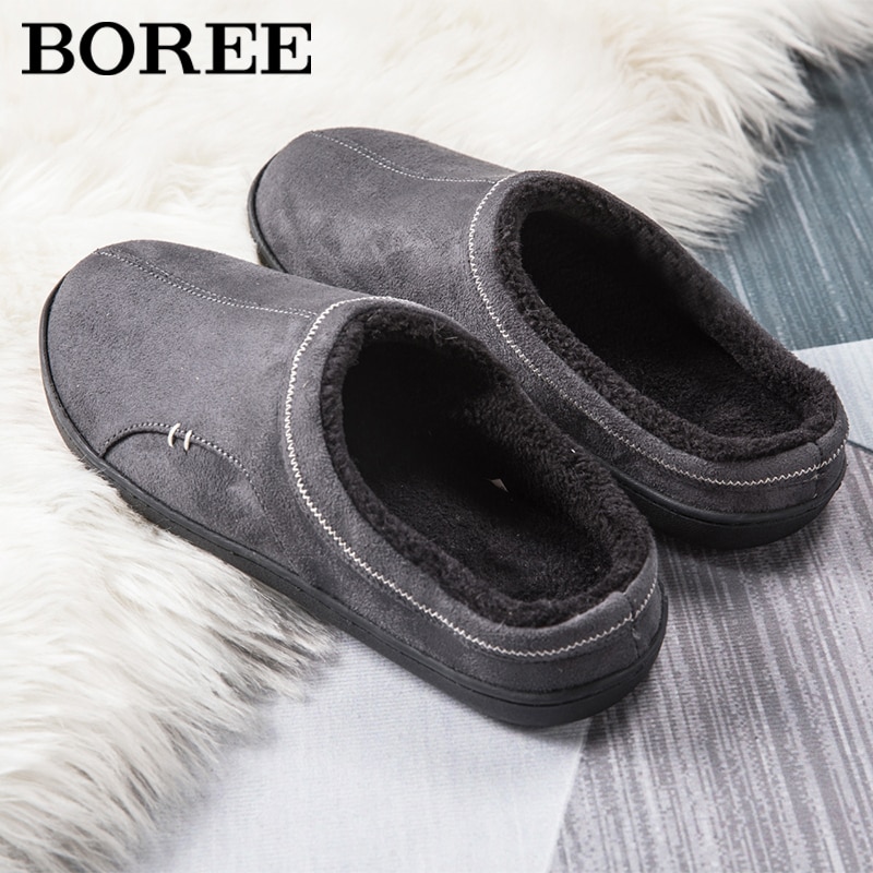 BOREE Classic Home Slippers for Men Winter Suede Short Plush Man Slippers Non Slip Bedroom Slipper Couple Soft Indoor Shoes Male