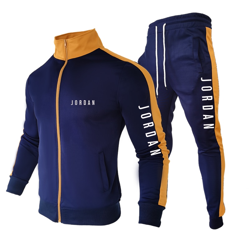 Sports Brand New Suit Men's Stitching Fashion Casual Track Suit Polyester Fabric Zipper Cardigan Sportswear & Sports Pants