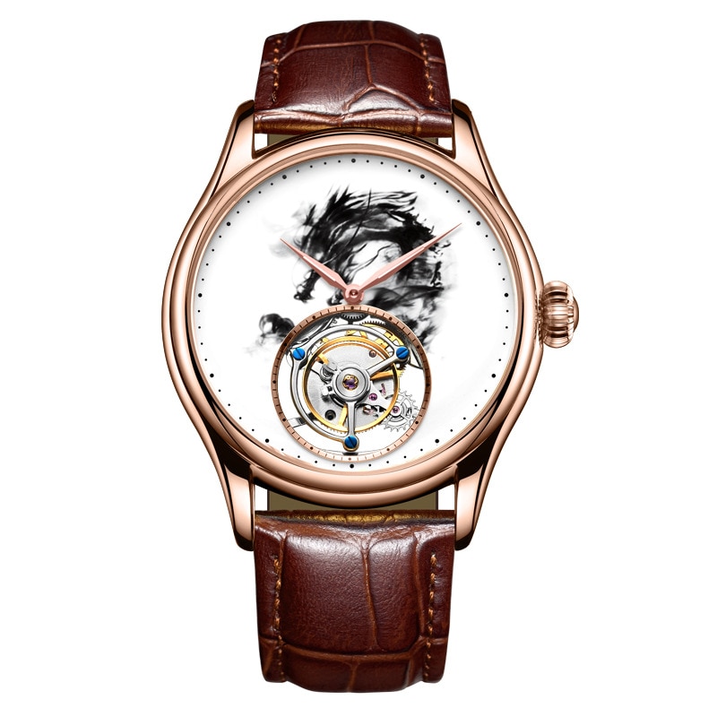 BRAND MEN WATCHES 24K GOLD ENAMEL AUTOMATIC TOURBILLON LEATHER MEN'S MECHANICAL WATCH RETRO WRISTWATCH RELOJES HOMBRE DAY GIFT