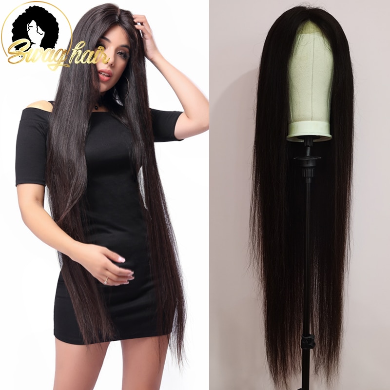 Swag 36 38 40 Long Inch Straight 4x4 Lace Closure Wig Human Hair 250 Density Remy Brazilian Hair Pre Plucked Hairline