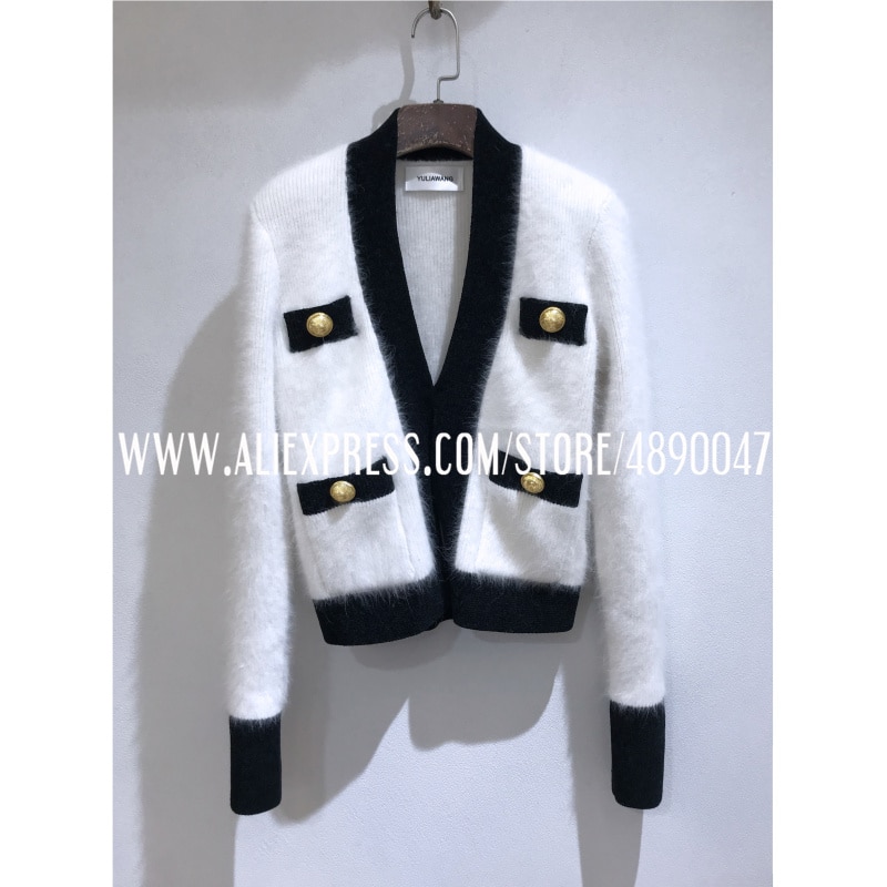 White ladies long-sleeved cashmere cardigan sweater Soft waxy velvet feeling mink wool knitted sweater coat