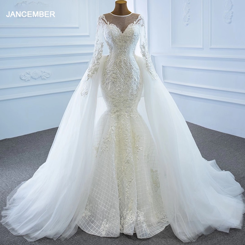 J67179 JANCEMBER Charming White Long Sleeves Appliques Mermaid Cocktails Dress 2020 Wedding Party Gonws Lace Up Back V-Neck
