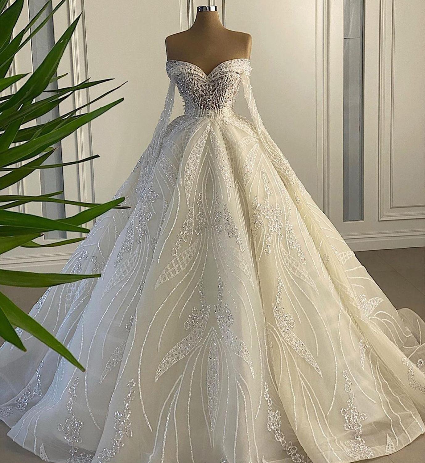 Robe De Mariee 2021 A Line Wedding Dresses Sweatheart Beads Crystal Pearls Long Sleeves Robe Dresses Mariage Bride Dresses