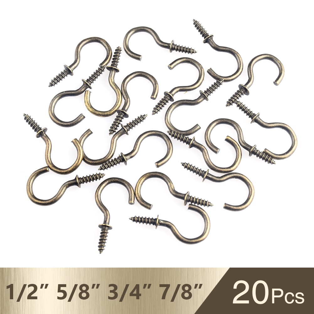 20Pcs/set 1/2" 5/8" 3/4" 7/8" Inches Heavy Screw High Quality Cup Hook Brass Plated Wall Hanging Hanger Shouldered Screw Hooks