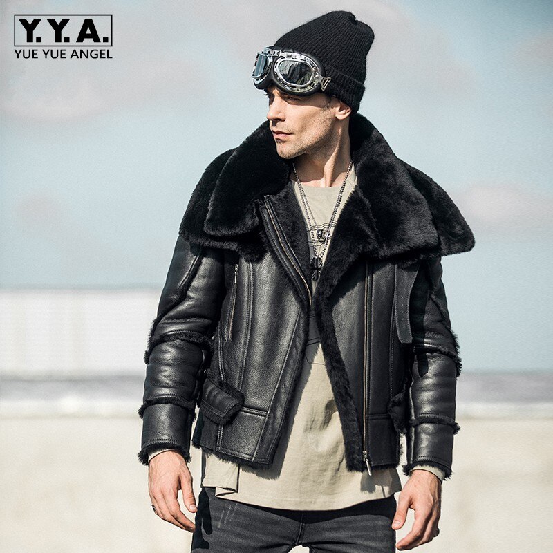 Luxury Shearling Jacket Men Short Fashion Slim Real Fur Coat Winter Black Zip Vintage Military Genuine Leather Jacket Oversize