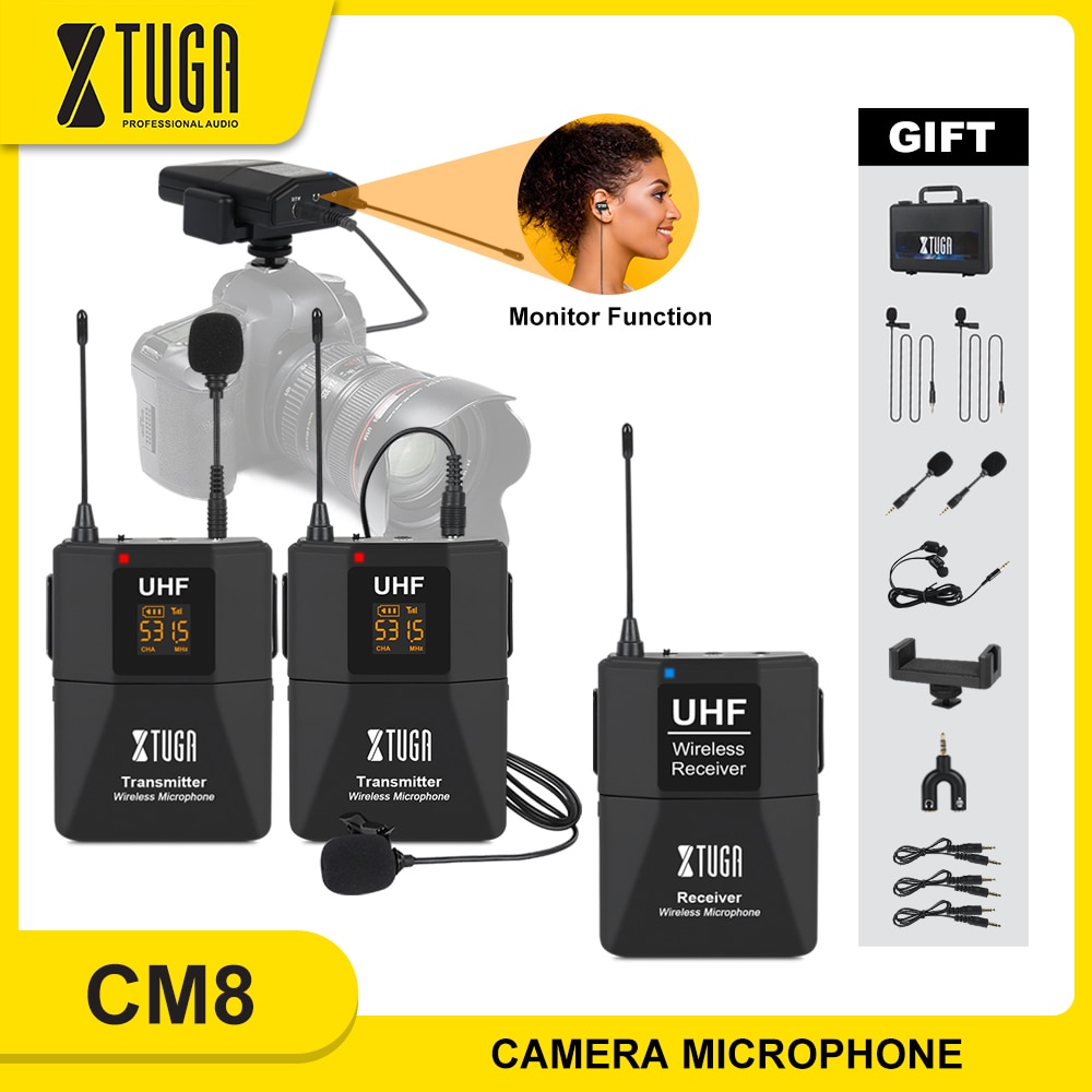 XTUGA Wireless Lavalier Microphone with Audio Monitor Function Camera Mic UHF Wireless Lapel Mic for Smartphones DSLR Cameras