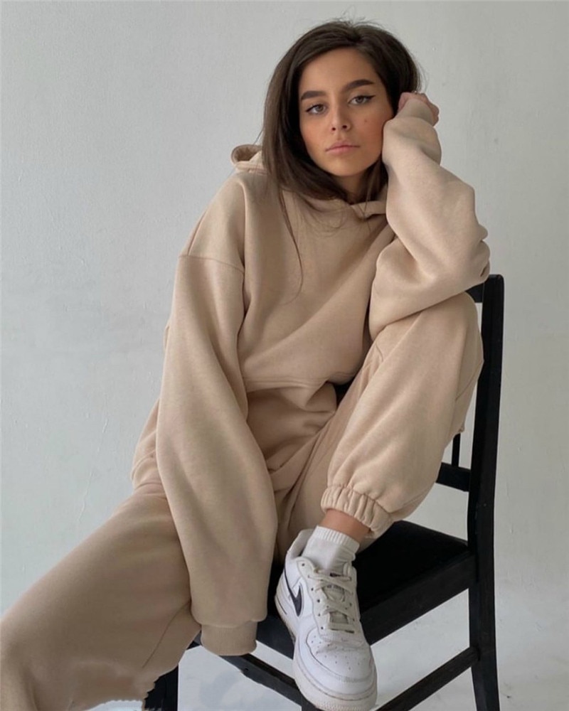 2 Piece Set Women Spring Autumn Tracksuit Solid Hooded Sweatshirt Top And Wide Leg Pants Suits Loose Casual Fashion Sportswear