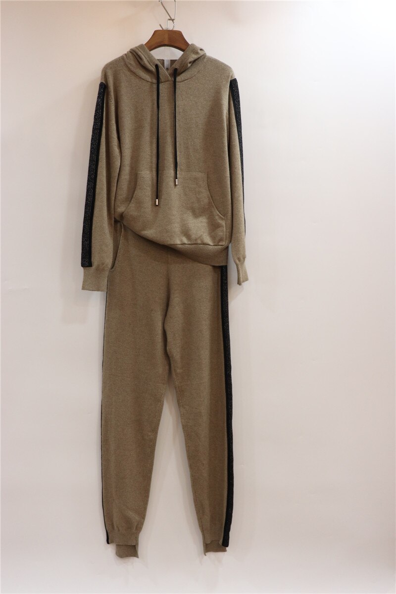 30% Wool + 45% Cashmere warm Knit Suits hooded cashmere woolen Sweater + Mink Cashmere Trousers Brilliant Two-pieces sets F409