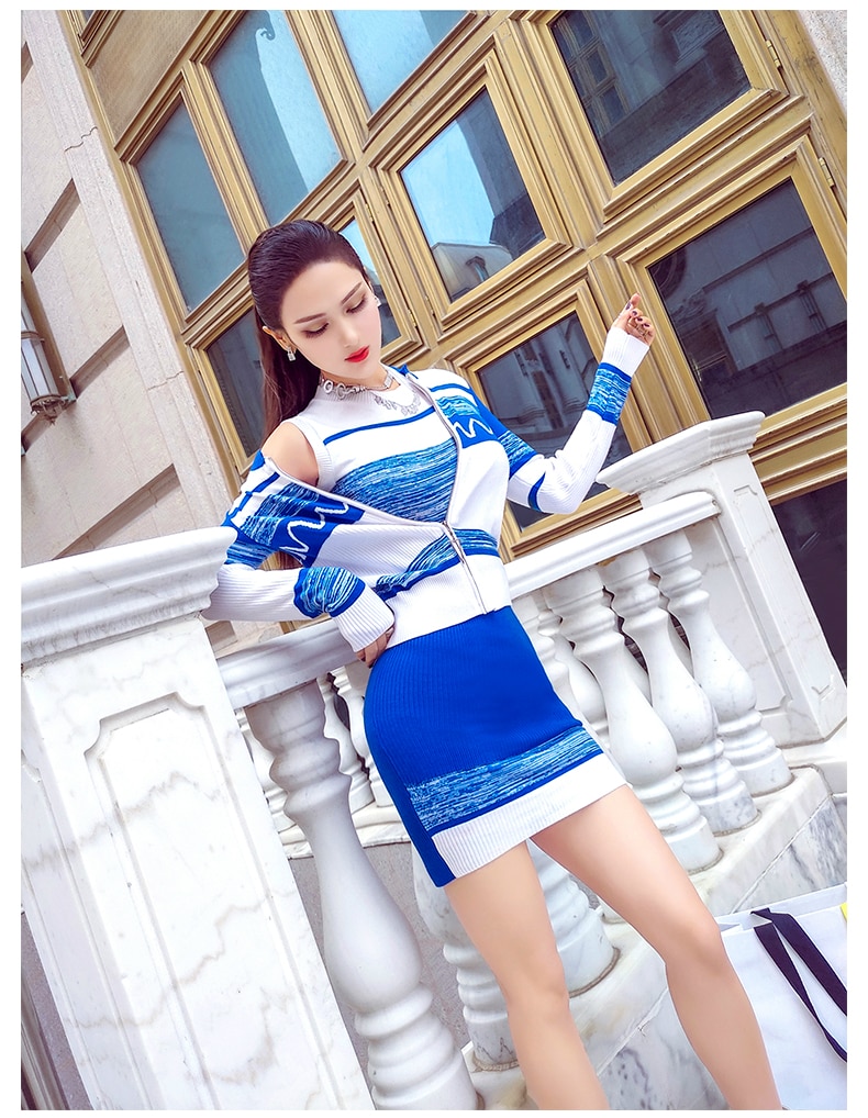 2020 new spring and autumn Fashion casual sexy brand young female girls Knitted tight coat dress suits sets