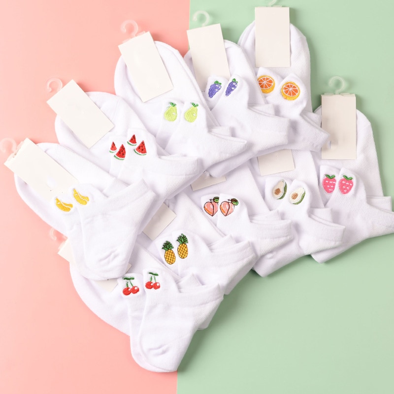 Women Short Socks 2020 Sock Cartoon Fruit Print Avocado Kawaii Socks For Women Harajuku Embroidery Street Socks