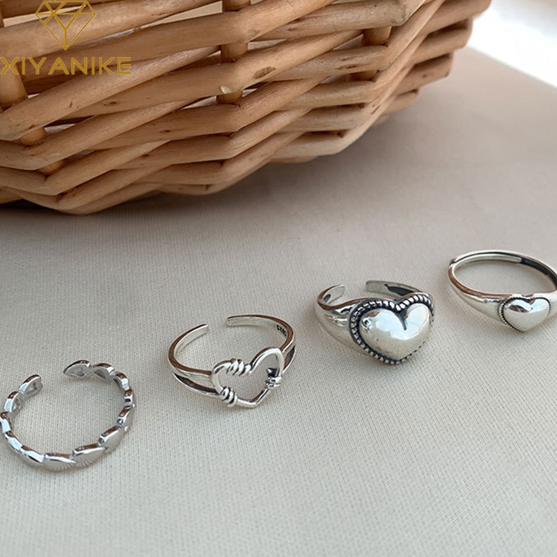 XIYANIKE 925 Sterling Silver Retro Love Heart Hollow Open Ring Female INS Trend Sweet Sexy Elegant Handmade Hip-hop Fashion Ring