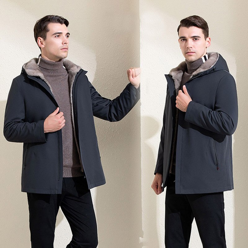 2020 Full Pelt Luxury Mink Fur Lined Parkas Men New Hooded Gray Business Casual Real Mink Fur Coat Winter Warm Fur Jackets