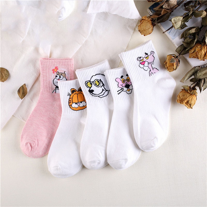 1 Pair Japanese Kawaii Women Animals Tube Socks Cute Egg Rabbit Panther Cotton Long Socks Female and Ladies Pink Milk White Sox