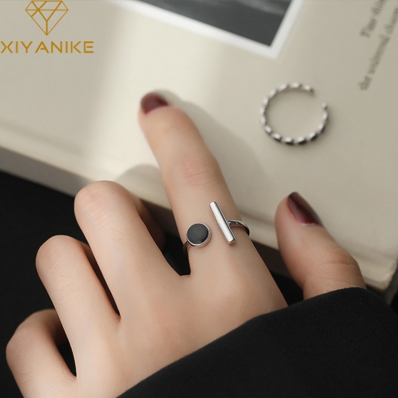 XIYANIKE 925 Sterling Silver Geometric Black Rhinestone Round Ring Female Korean Fashion Open Adjustable Handmade Couple Gifts