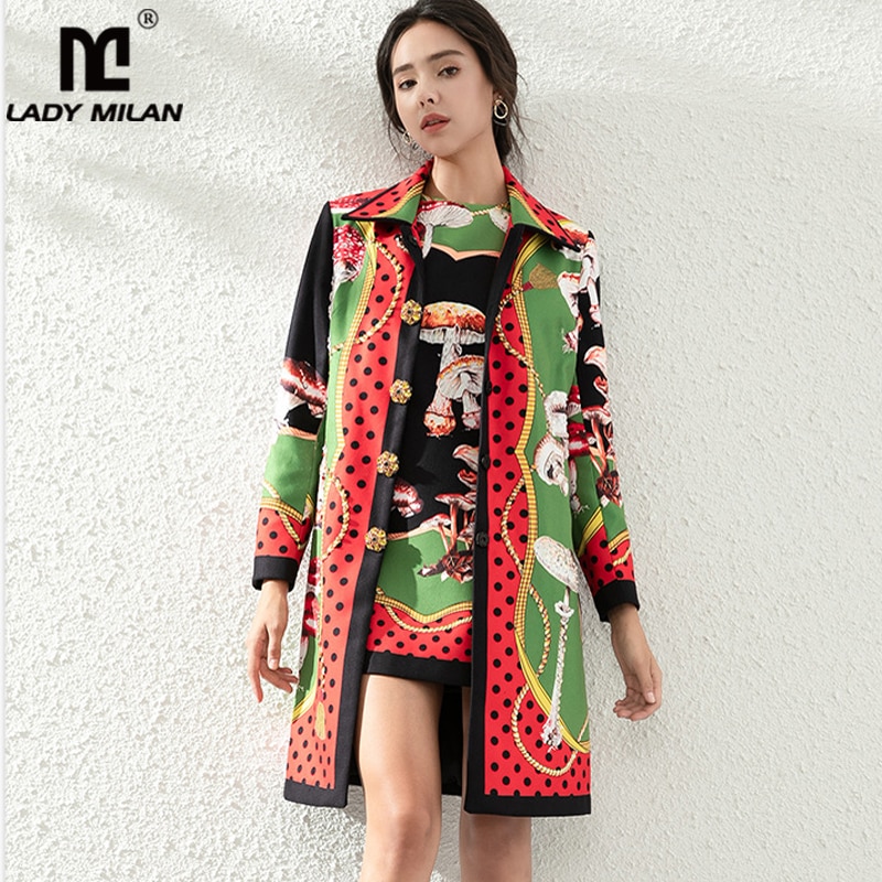 Women'S Runway Twinsets Turn Down Collar Long Sleeves Printed Trench Coat with Sleeveless Floral Dresses Two Piece Sets