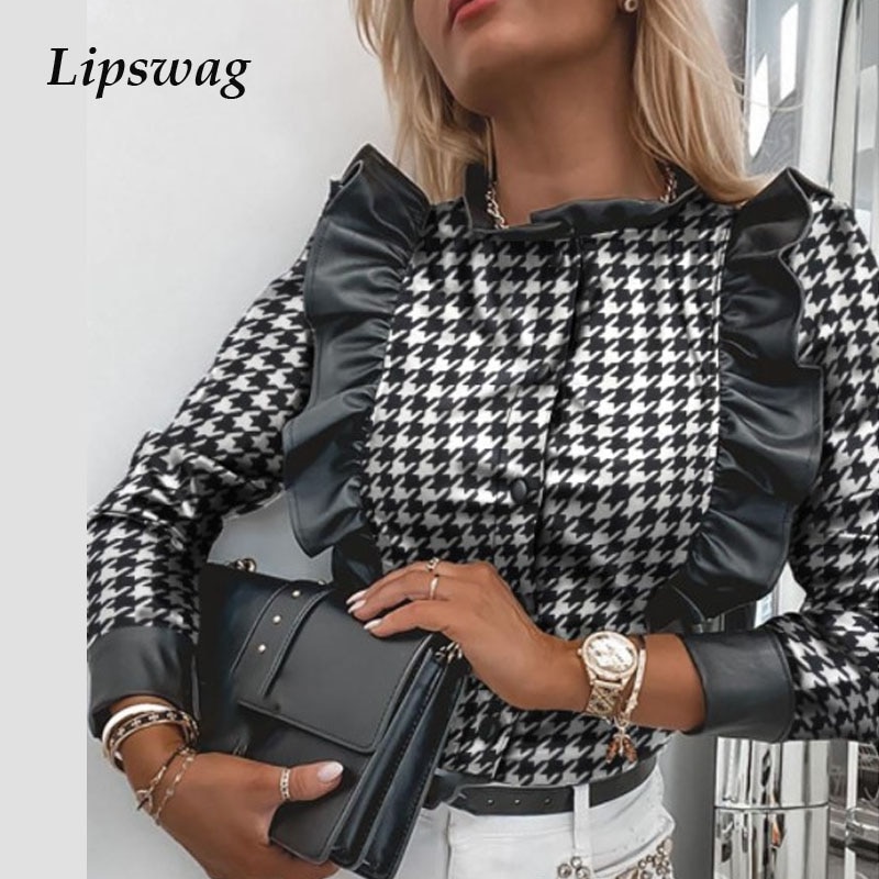 New Elegant PU Leather Black Shirt Blouse Women O-Neck Button Ruffle Shirts Casual Autumn Winter Female Long Sleeve Tops Blusas