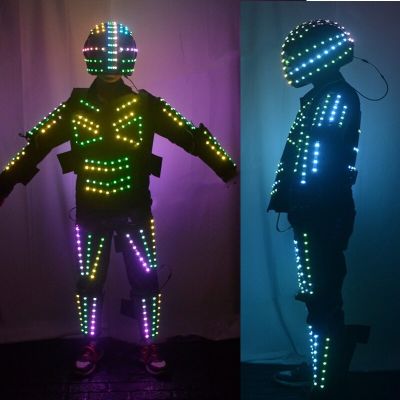 Nightclub bar light show mechanical dance clothes RGB full colo led robot costume helmet stage dance luminous armor