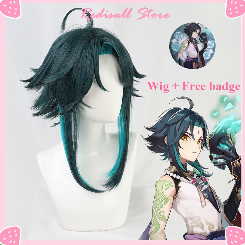 Genshin Impact Xiao Wig Cosplay Dark Green Synthetic Short Straight Heat Resistant Hair Adult Women Free Wig Cap Random Stickers