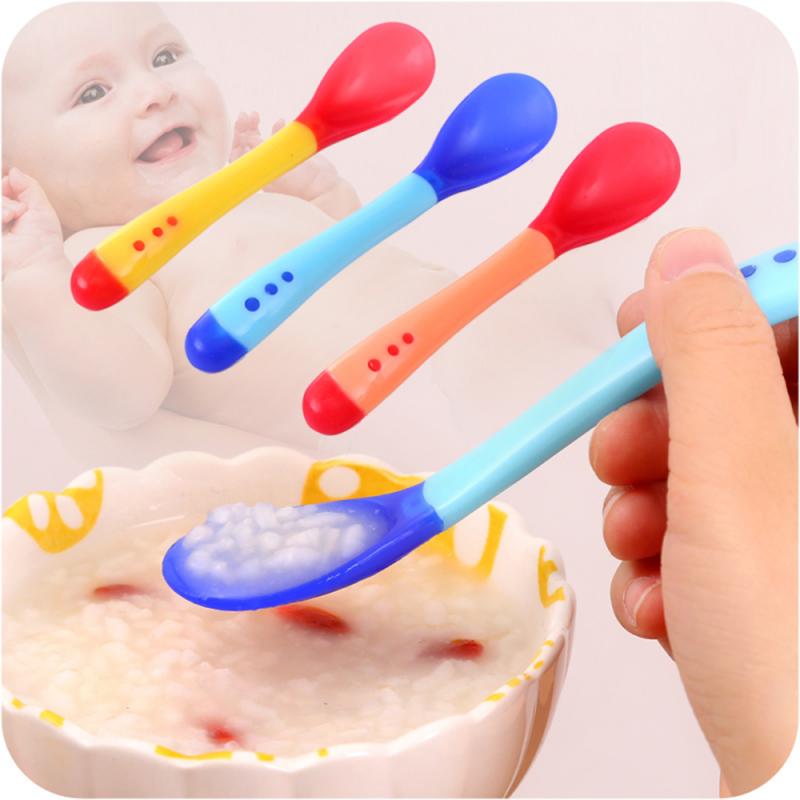 3 Pcs Baby Feeding Slip-resistant Tableware Temperature Sensing Silicon Spoon Dinnerware Cutlery Utensils Solid Feeding Newborn