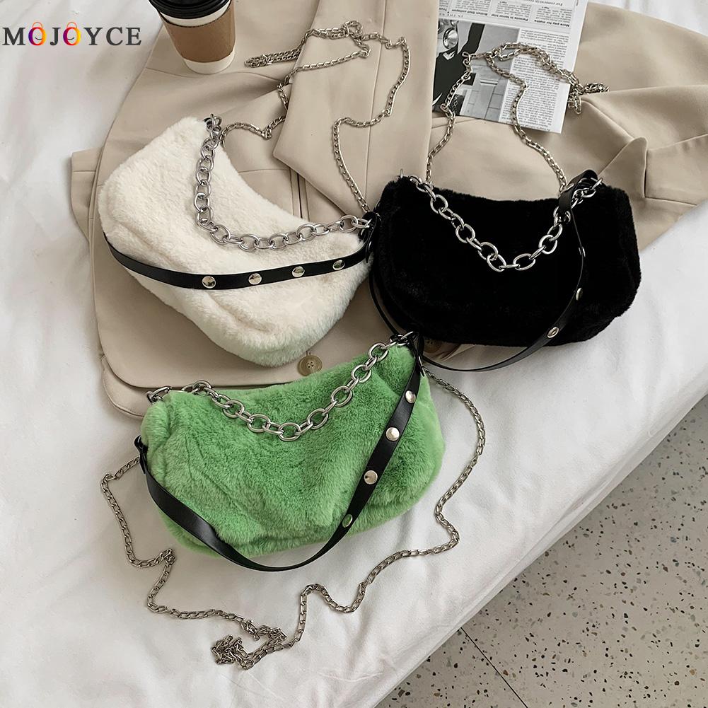 Fashion Autumn Winter Shoulder Underarm Bags for Women Vintage Plush Solid Color Casual Messenger Bag Travel Street Chain Totes