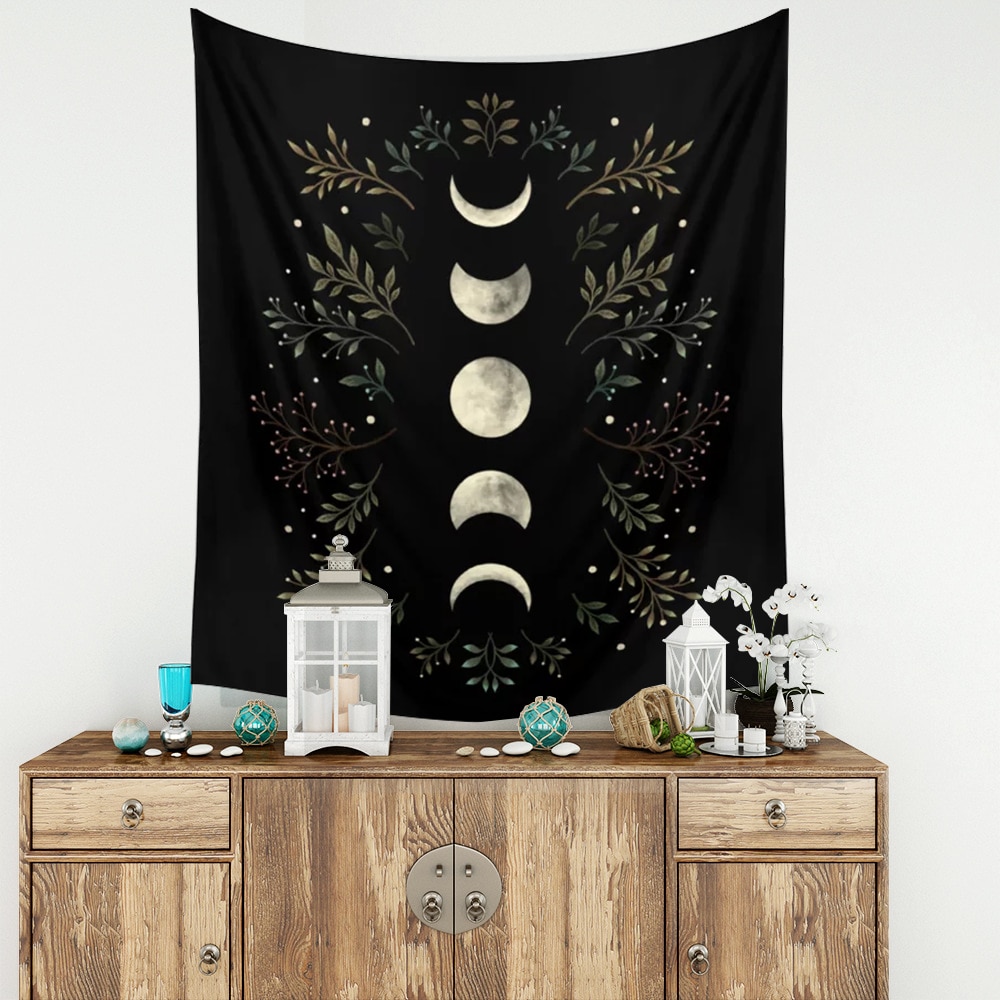 Vintage Moon Phase Wall Hanging Tapestry Mooonlight Green Olive Leaf Black Tapestries Boho Room Wall Decor Home Decoration Wall