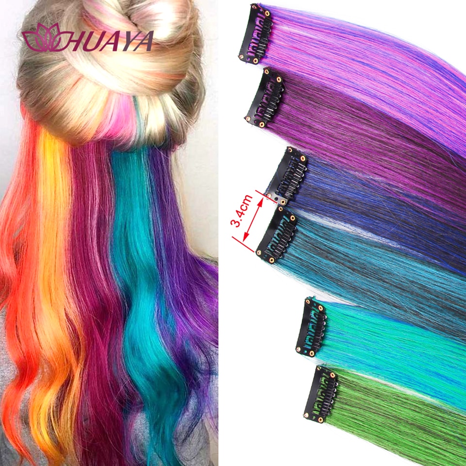 HUAYA Colorful Synthetic Hair Long Straight Hair Strands On Barrettes Clip In Hair Extensions kanekalons Fake Hair Pins