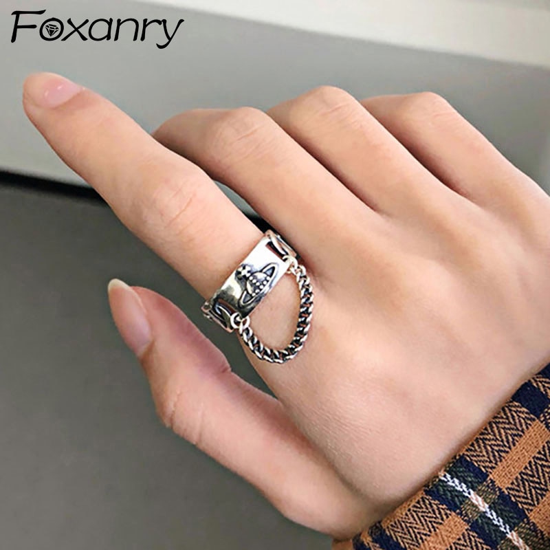 Foxanry 925 Sterling Silver Trendy Rings New Fashion Creative Chain Tassel Planet Vintage Punk Party Jewelry Gifts for Women