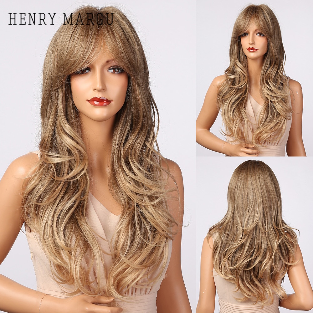 HENRY MARGU Long Wavy Ombre Brown Blonde Wigs with Bangs Synthetic Natural Wig for Women Heat Resistant Cosplay Hair Wigs