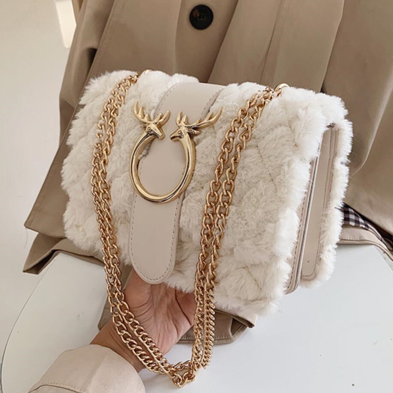 Female Winter Soft Plush Fur Designer Handbag Deer Lock Chain Shoulder Bag sMessenger Crossbody Bags For Luxury Women Bolsa 2021