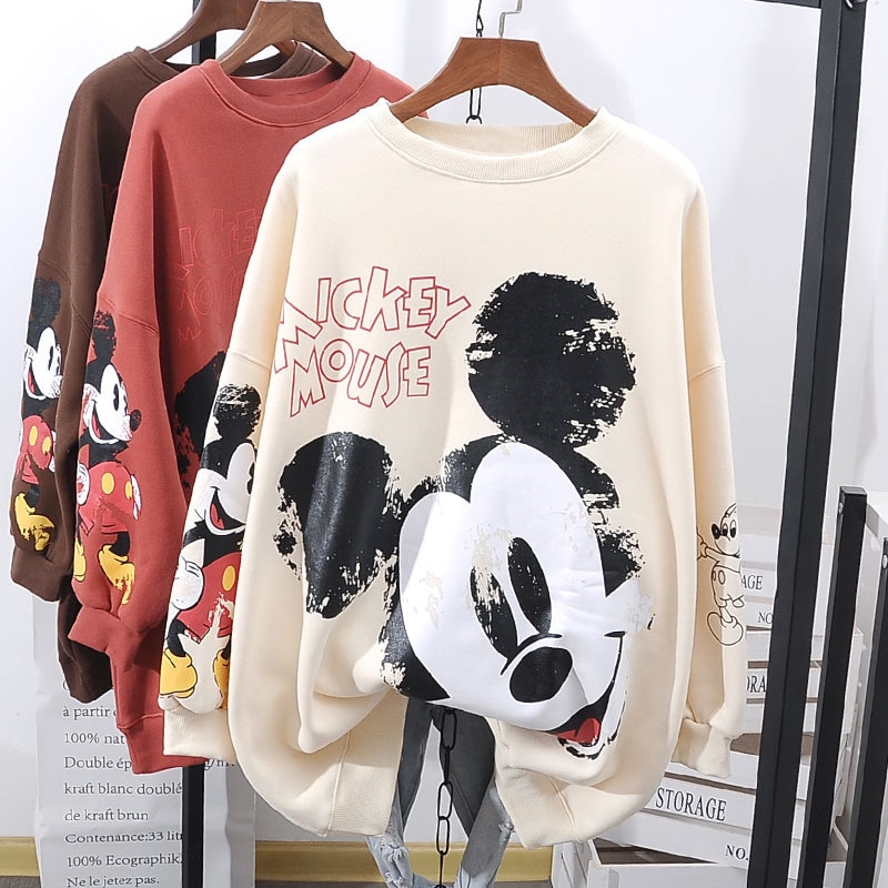 Hot Disney Cartoon Woman Fashion Mickey Mouse Fall/Winter Edition Round Neck Printing Loose Pullover Sweater Clothing