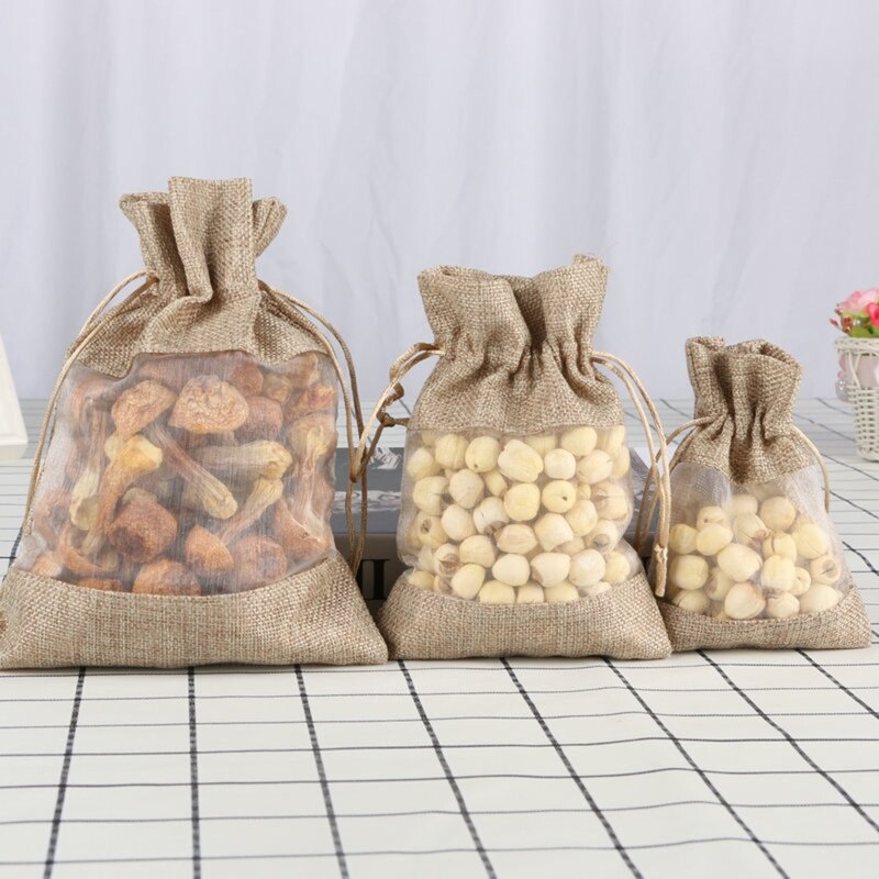 Linen Burlap Organza Bag with Drawstring for Wedding Party Favors Cosmetic Samples Goodies Mesh Pouch