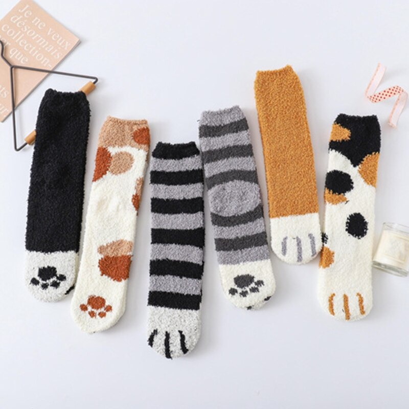 Women Winter Thicken Fuzzy Fluffy Cozy Warm Slipper Socks Cute Cat Paw Animal Printed Soft Home Floor Sleeping Stockings Hosiery