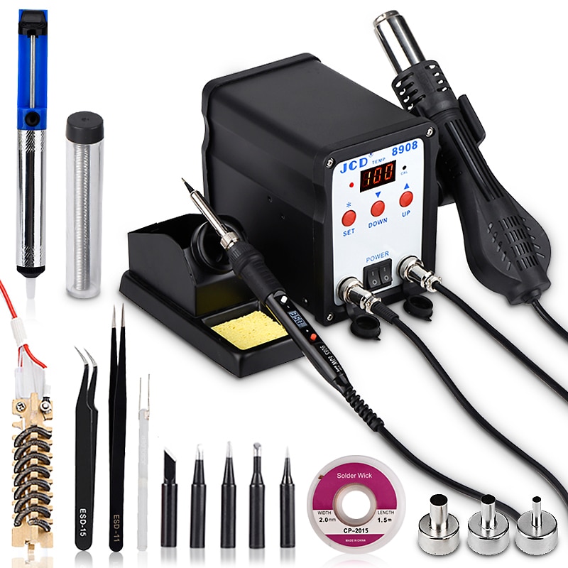 QHTITEC Soldering Station 220V Soldering Iron with Hot Air Gun Welding Rework LCD Digital SMD BGA Solder Station 8908 750W