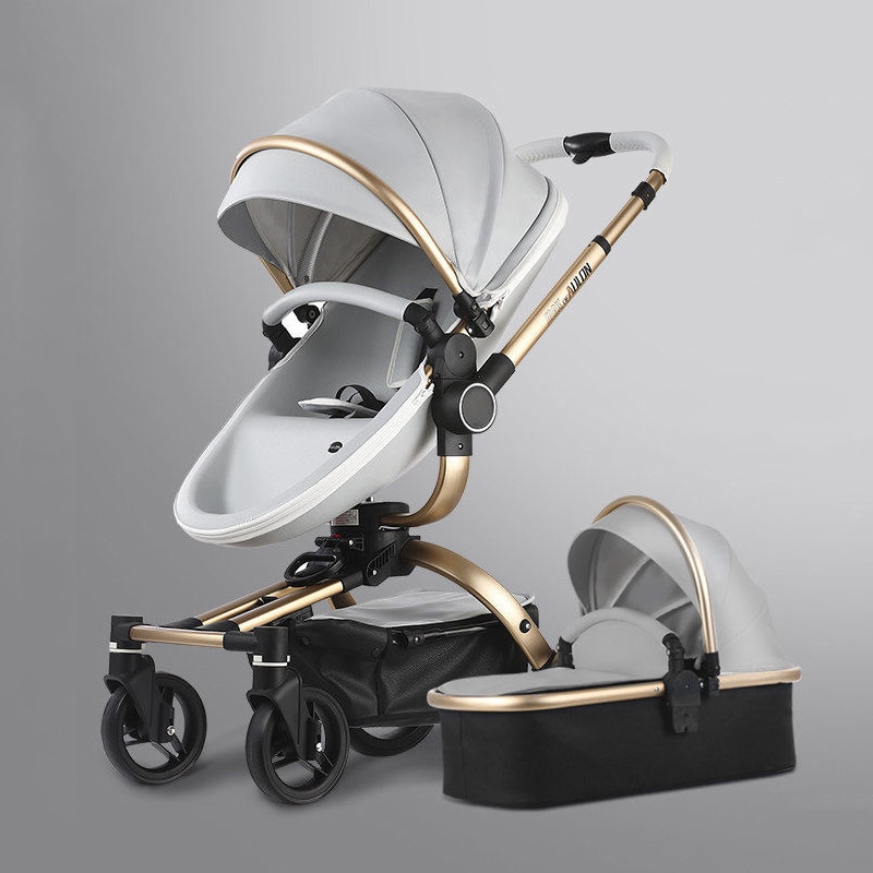 Luxury Baby Stroller 2 in 1,Portable Travel PU Baby Carriage,Folding Prams,Aluminum Frame High Landscape Car for Newborn Baby