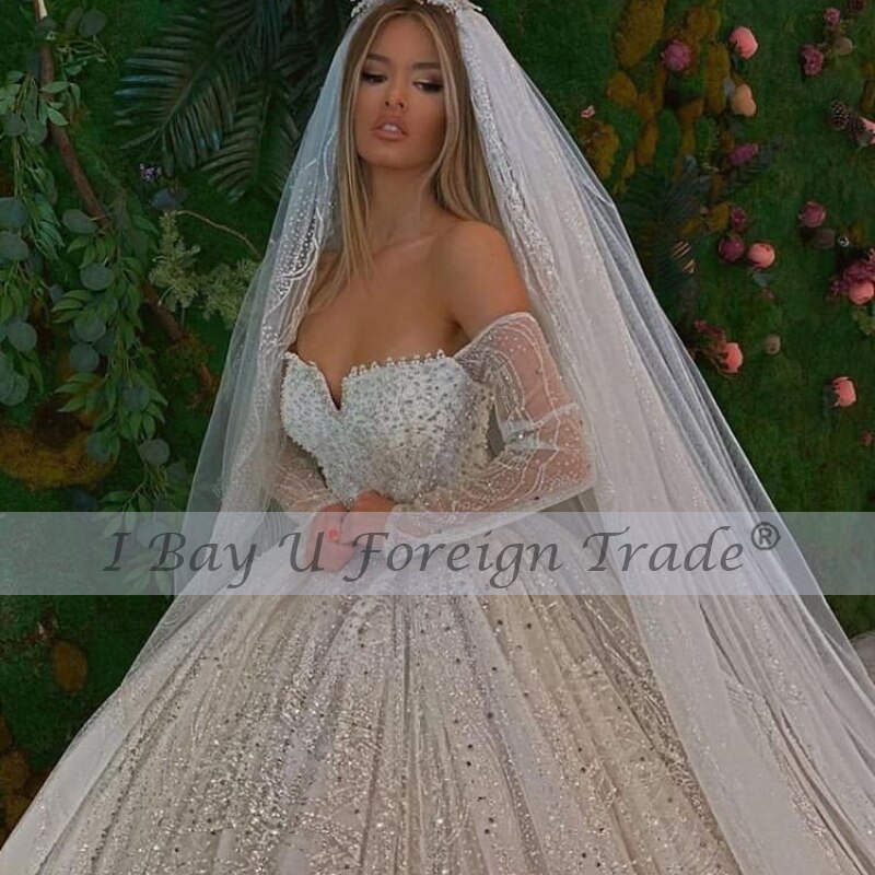 Ivory Shiny Beading Ball Gown Bridal Gown Vestidos De Novia Beaded Tassel Luxury Wedding Dress 2021 Crystal Arabic Bridal