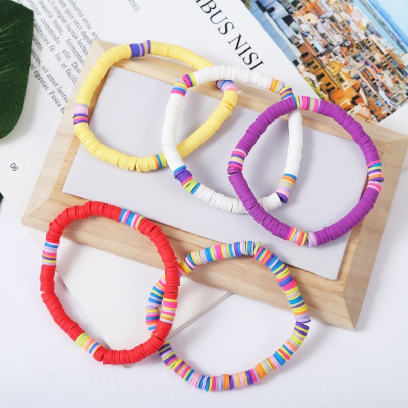 1Pcs Boho Bracelet Polymer Clay Disc Beads Stretch Bracelet Multicolored