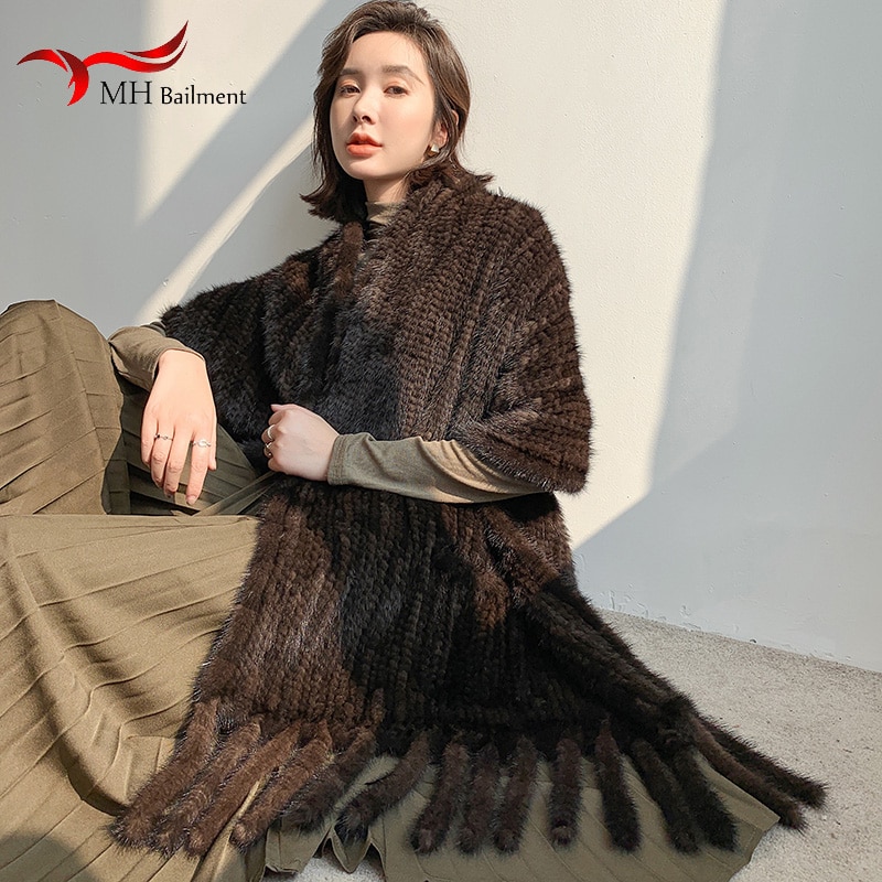 Mink fur shawl warm and fashionable in winter real fur double knitted scarf women fur shoulder ridge Bib large pocket tassel