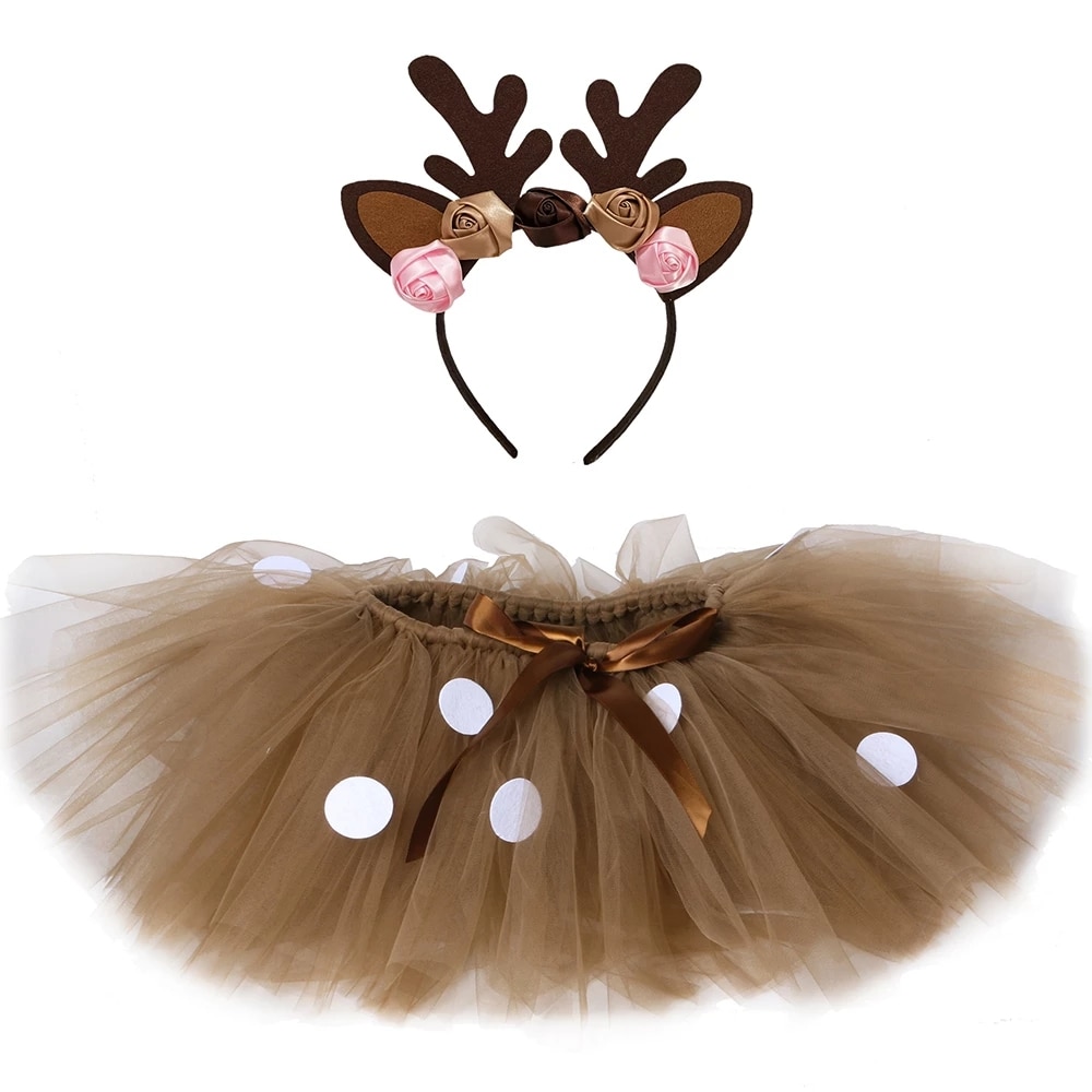 Fluffy Brown Deer Girls Tutu Skirt Baby Christmas Reindeer Costume Kids Elk Tulle Skirt for Halloween Carnival Holiday Role Play