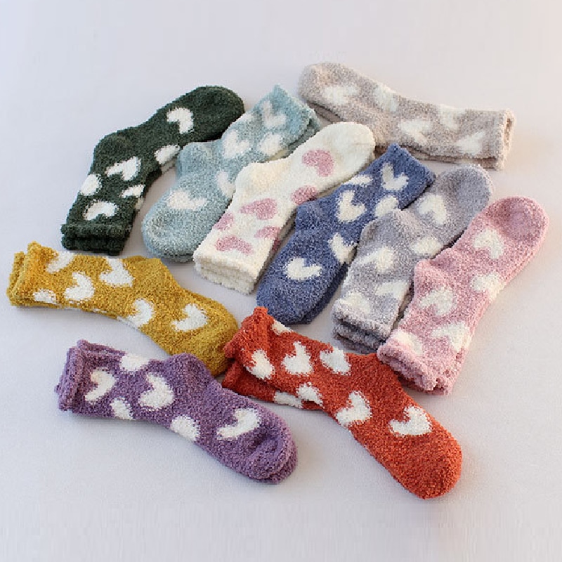 Autumn Winter Warm Women Socks Thicken Coral Velvet Cute Sweet Heart Print Long Socks Plush Coral Fleece Home Indoor Sleep Socks