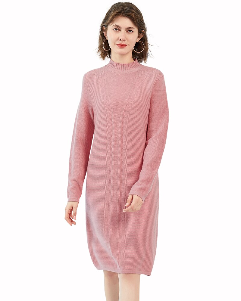 Zhili Women's 100% Pure Cashmere Sweater Dress Stitch Mock Neck Midi Dress