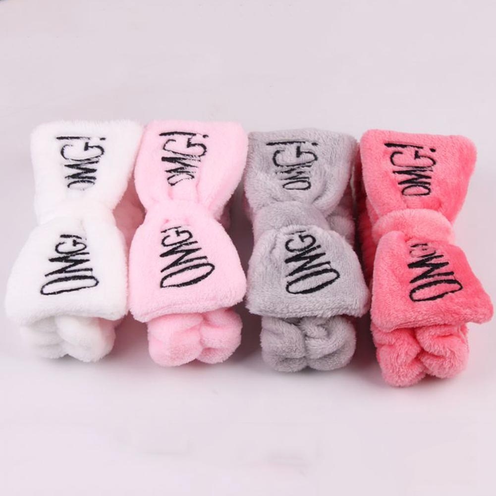 Women Cute Coral Fleece Bow Hairband New OMG Letter Elastic Headband Makeup Face Washing Headwrap Soft Turban Hair Accessories